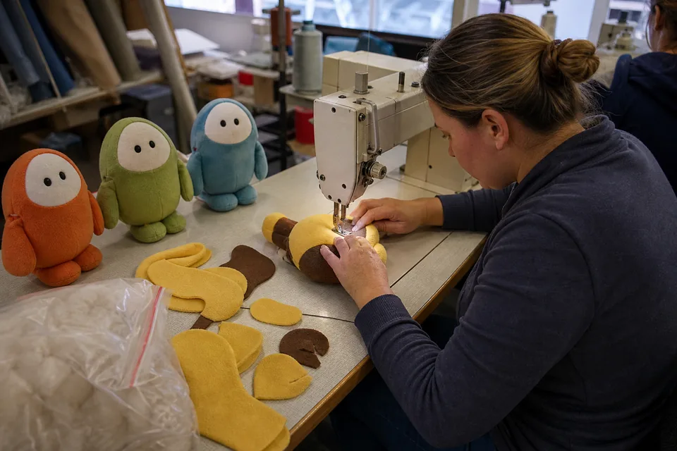 Seamstress sewing a soft fabric mascot sample next to cut fleece pieces and finished samples