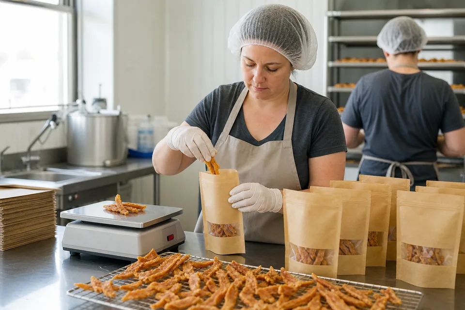 Freshly cut chicken jerky dog treats being packed into stand-up pouches at a small treat maker