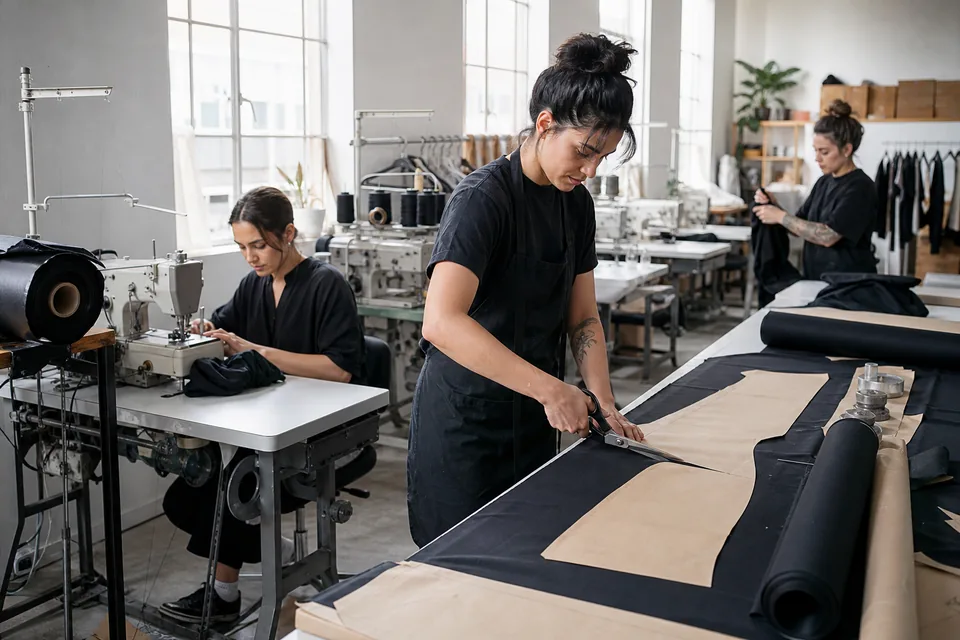 Nylon spandex rolls and legging pattern pieces on a cutting table in a sewing room