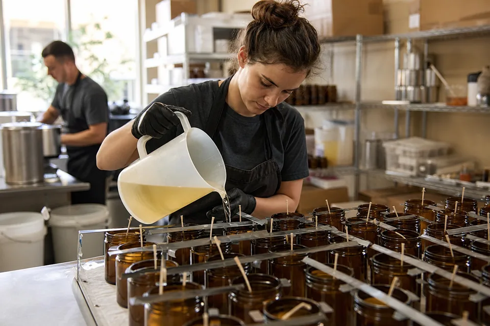 Worker pouring soy wax into amber jars with wick bars at a candle maker