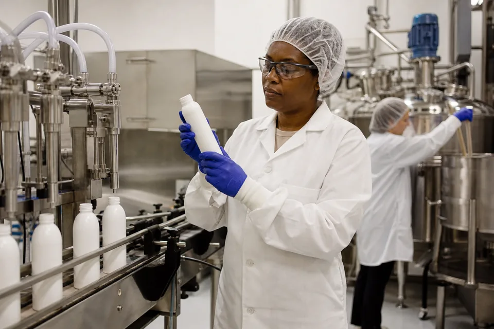 Shampoo bottles moving along a filling line at a hair care contract manufacturer