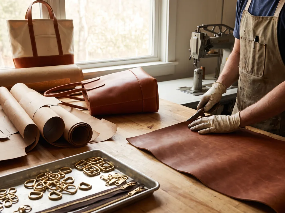 Leather hide, paper patterns, brass hardware and a half assembled tote on a handbag manufacturer's cutting table