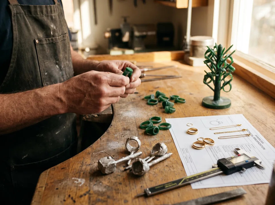 Wax models, a casting tree and finished sterling silver and gold plated sample rings on a jewelry manufacturer's bench