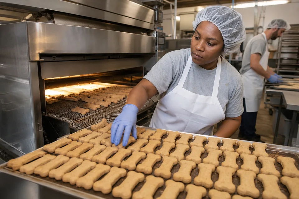 Baked dog biscuits coming off an oven conveyor at a pet treat bakery