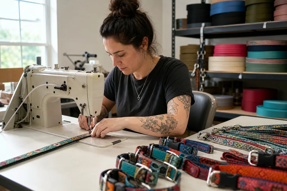 Custom printed dog collars and leashes being sewn at a small US workshop