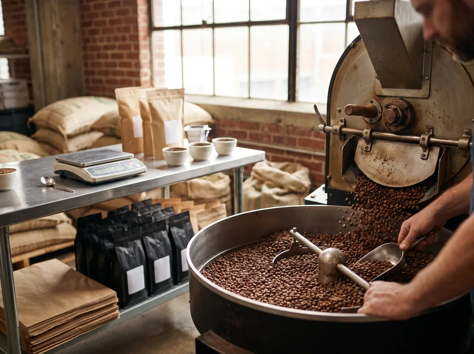A drum roaster cooling tray of fresh beans beside stacked kraft and black valve bags with blank labels at a private label coffee roaster