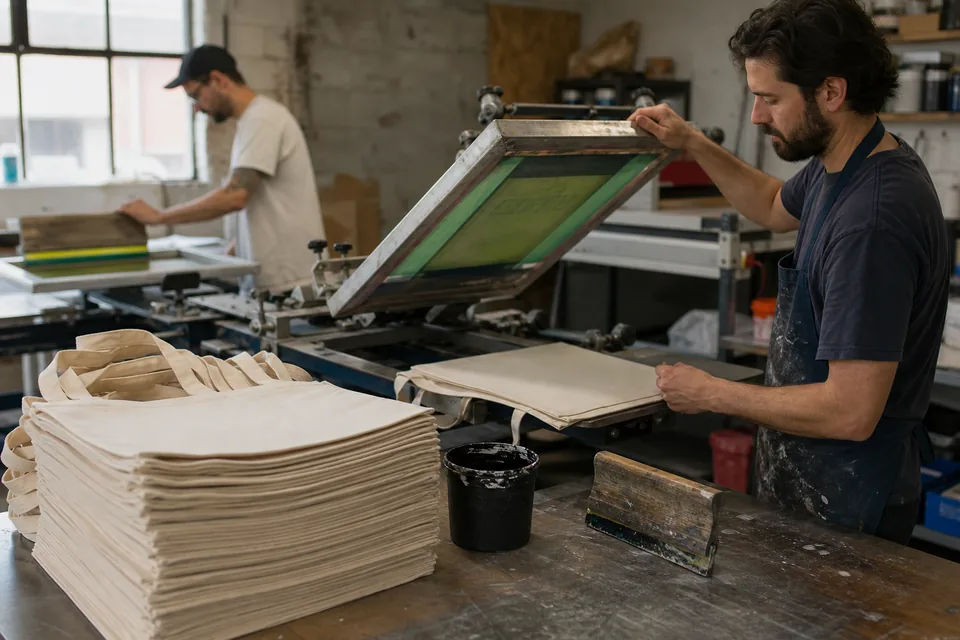 Canvas tote bags stacked beside a screen printing press in a US print shop