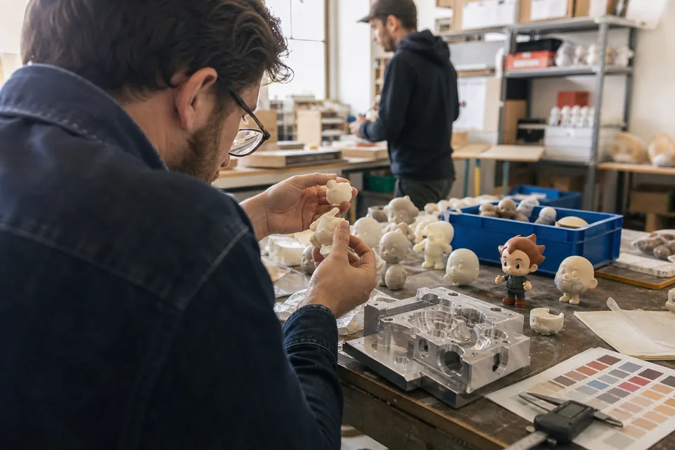 Product developer comparing vinyl figure prototypes and molded toy parts beside an aluminum mold